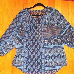 Zac & Rachel Size Large Navy Lace Trim Sheer Lightweight Chic 3/4 Sleeve Blouse